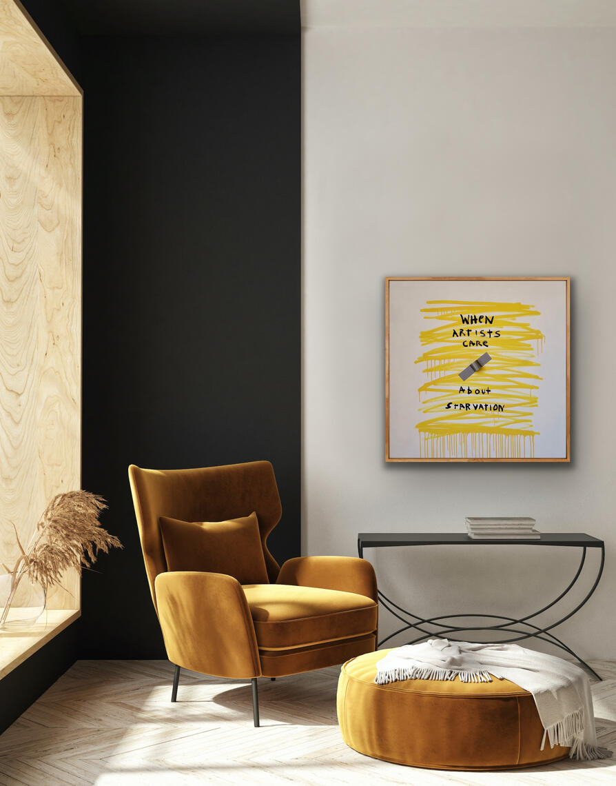 Untitled When Artists Care About Starvation - Original conceptual painting with tape on yellow canvas by U Me